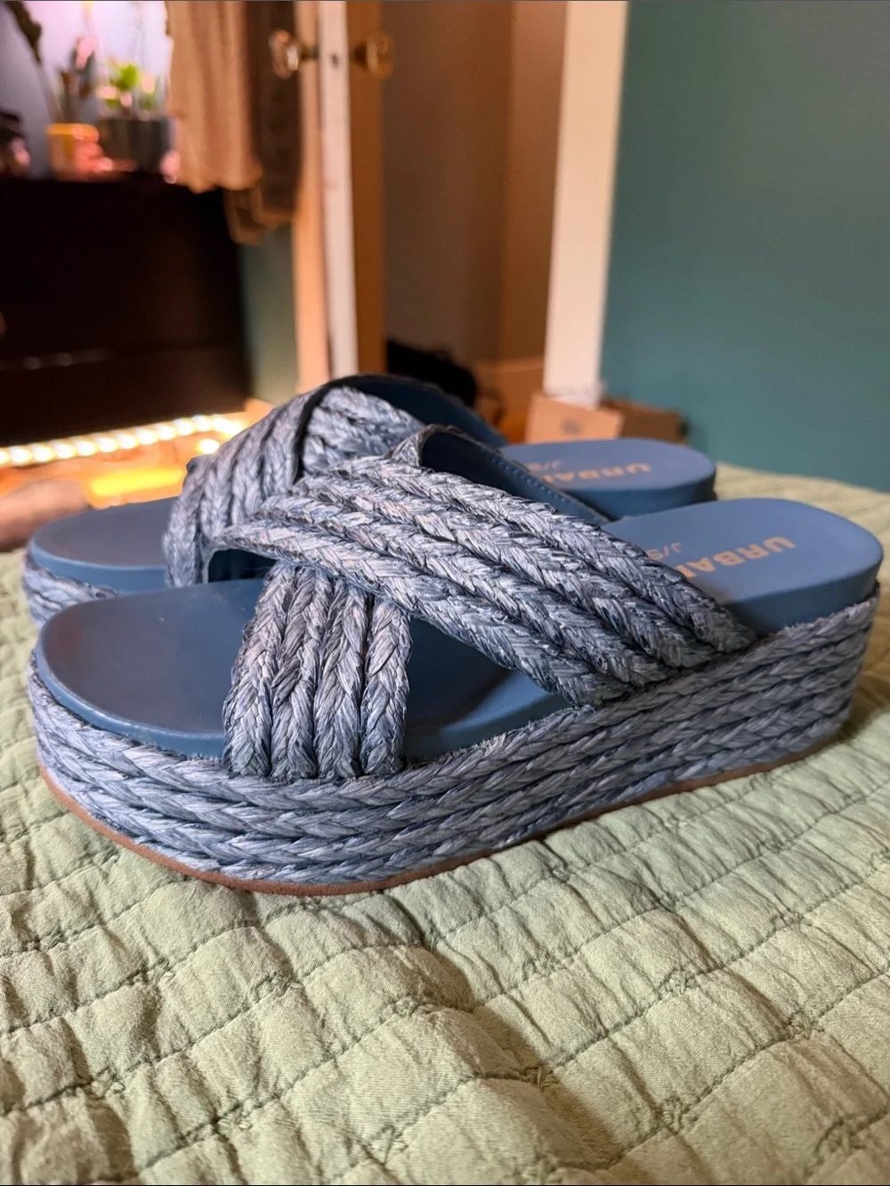 J Slides Blue Braided Espadrille Platform Sandals NWOT
